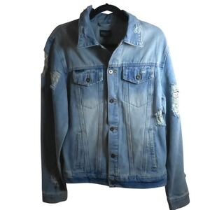 Premium Mens Distressed Denim Jacket Light Wash Ripped Size M NWT Streetwear